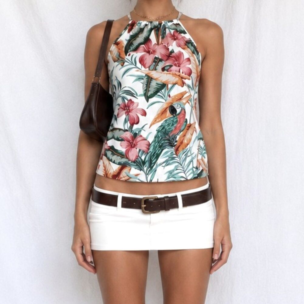 Vintage Y2K 90s Multicolor Floral Tropical Print Halter Neck Blouse Top Size S